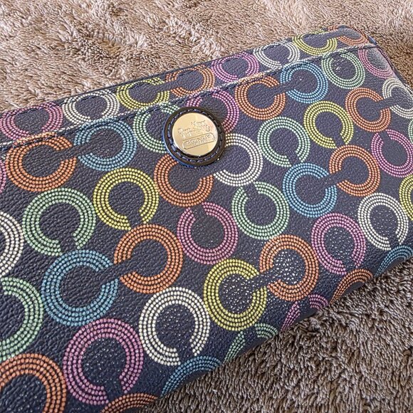 Coach Waverly Coated Canvas Accordion Zip Around Wallet 43628 Navy Card Slot - Picture 3 of 9